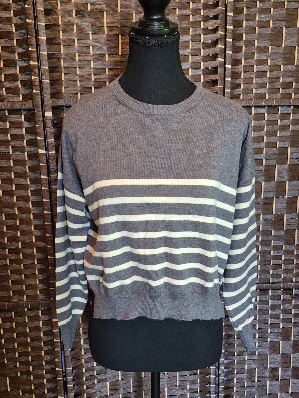Deluc Gray and Cream Striped Crewneck Sweater